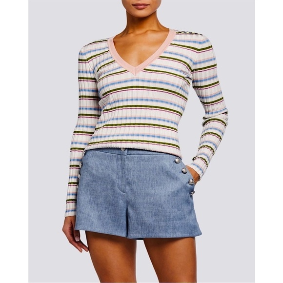 NWT VERONICA BEARD Metallic Striped Rib Knit V-Neck Long Sleeve Slim Sweater M - Picture 1 of 7